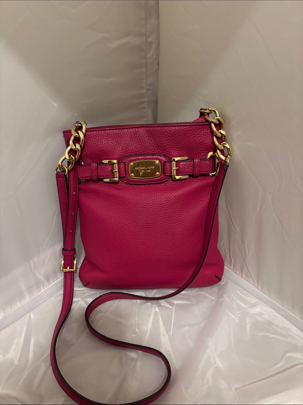 Michael Kors Fuchsia Pebbled Leather Crossbody with Gold-Tone Chain